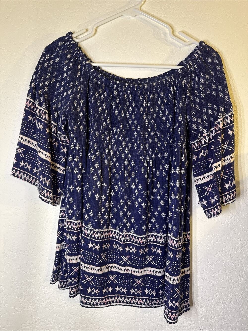 Rewind Womens Pull Over blue South West design short sleeve on off shoulder